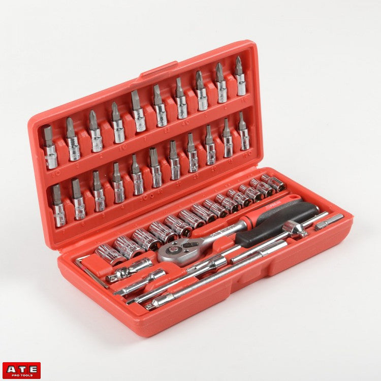 46 PC 1/4" Inch Drive Ratchet Socket Wrench & Star Hex Torx Bits Set - tool