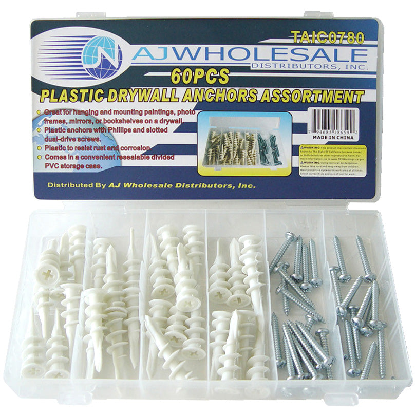 60 PC Plastic Threaded Drywall Anchor for Heavy Items with Screws