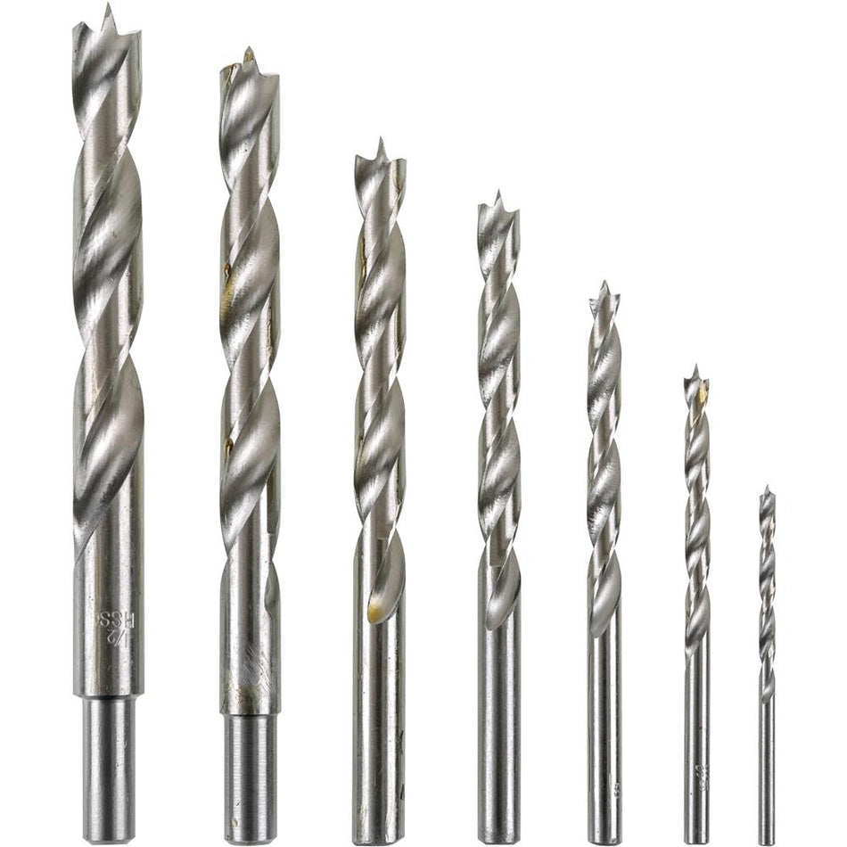 7 pc. Brad Point Drill Bit Set - High Strength Steel for Hard and Soft Wood - Built in Center Pin