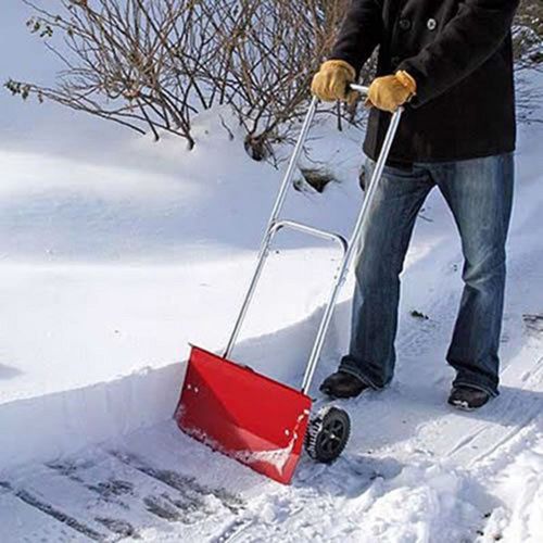 Rolling Snow Pusher with Easy Roll Wheels and Grip Treads