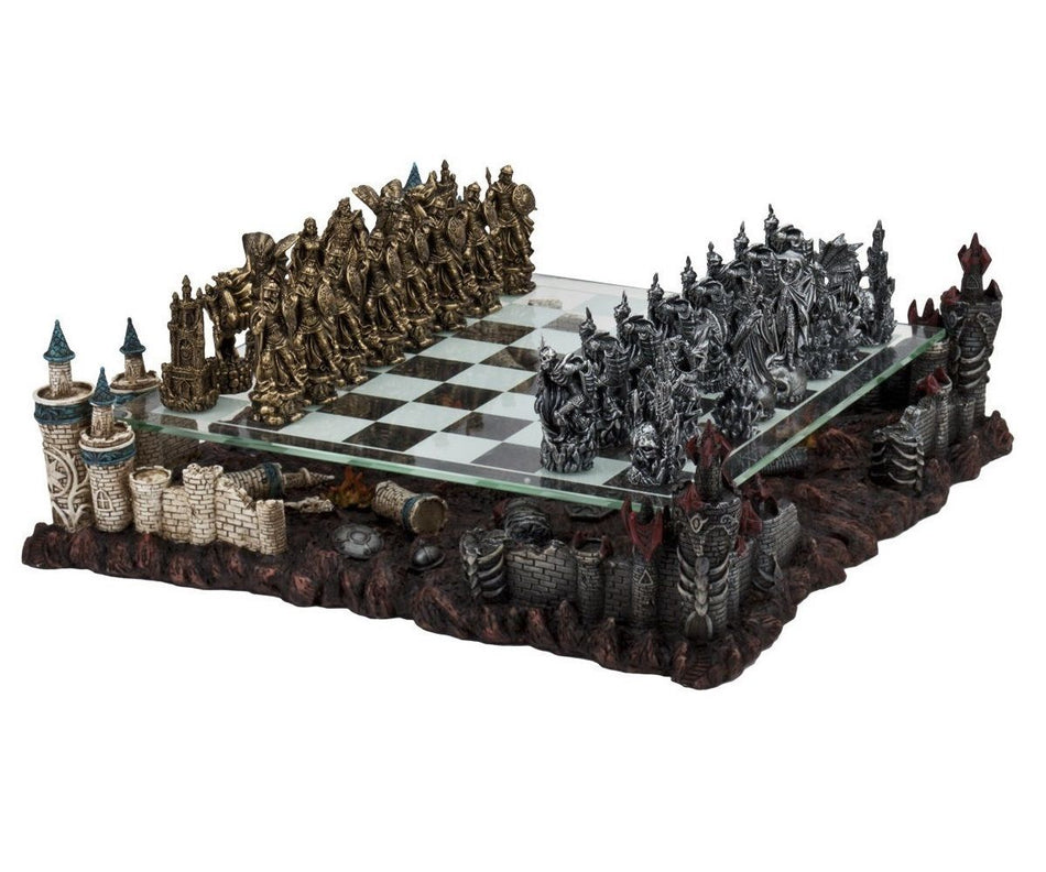 Medieval Dragon Fantasy Chess Board Game Set 3D Castle Platform Metal Pewter